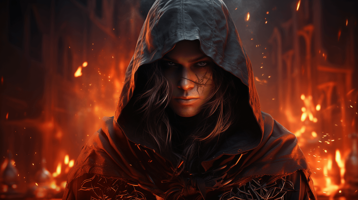 A-woman-in-a-hooded-robe-standing-against-a-fiery-background